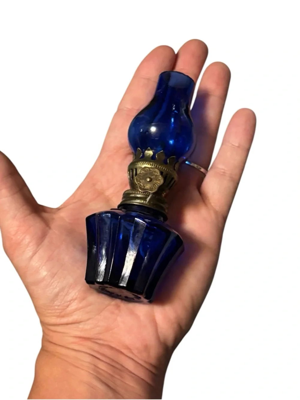 Vintage Cobalt Blue Glass Mini Oil Lamp Hurricane Made in Hong Kong 4.5” Tall